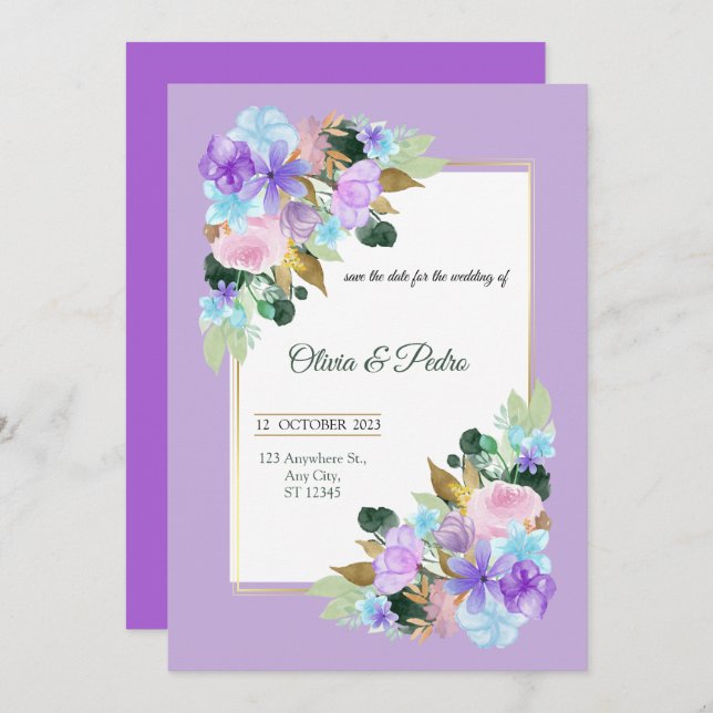 Einladung zur Hochzeit in Lavanderfarbe (Vorne/Hinten)