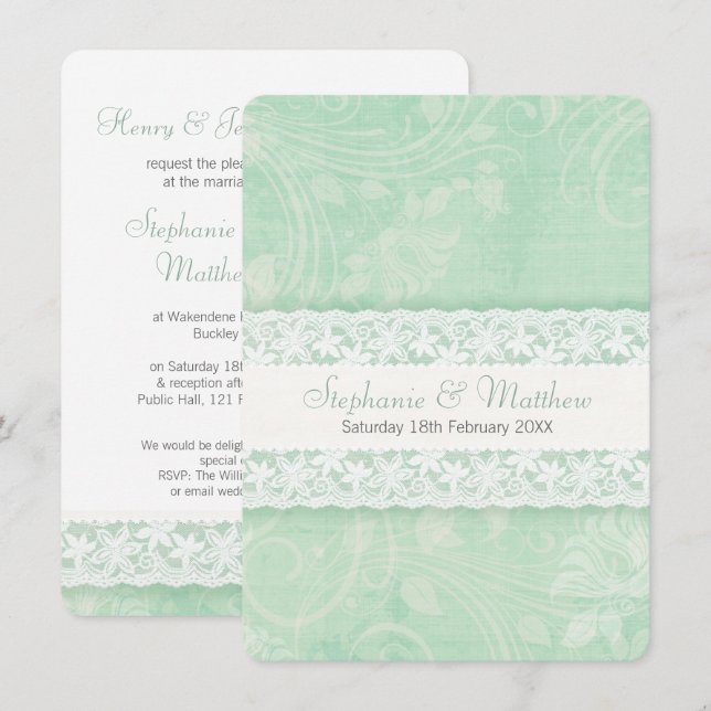 Einladung zur Hochzeit in Pfefferminzgrün und Weiß (Vorne/Hinten)