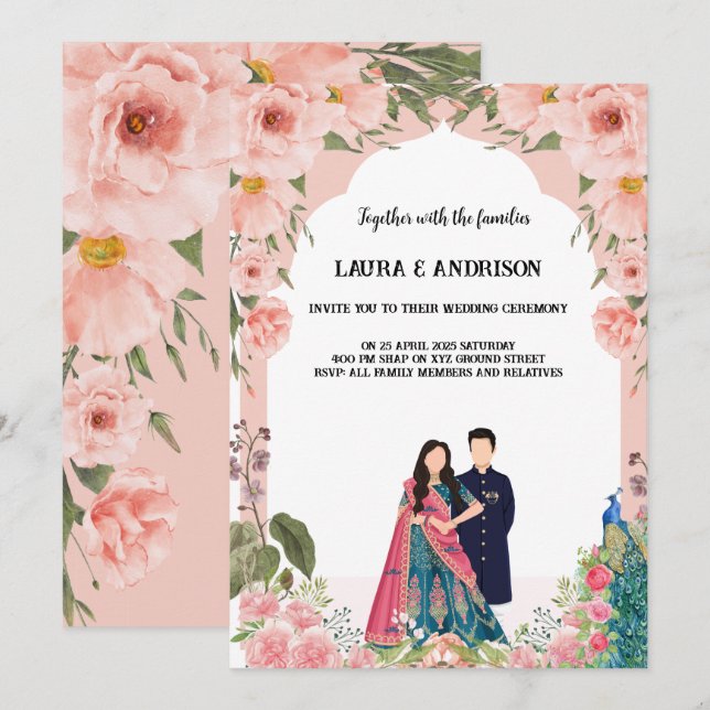 Einladung zur Hochzeit in Rosa und Weiß (Vorne/Hinten)