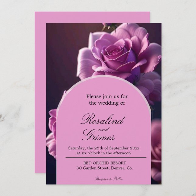 Einladung zur Hochzeit lila Rose (Vorne/Hinten)