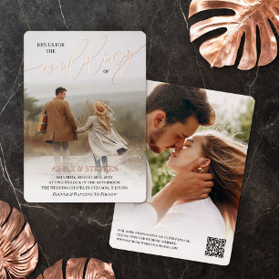 Einladung zur Hochzeit mit goldenem QR-Code und Fo