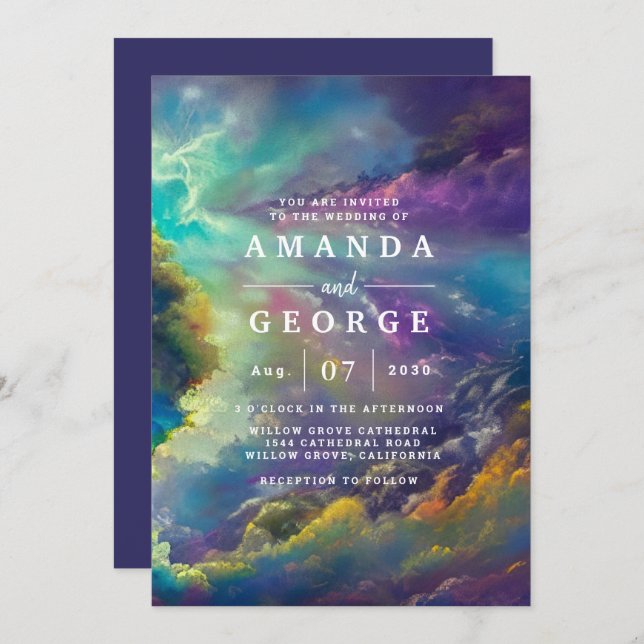 Einladung zur Hochzeit mit herrlichen lila Wolken (Vorne/Hinten)