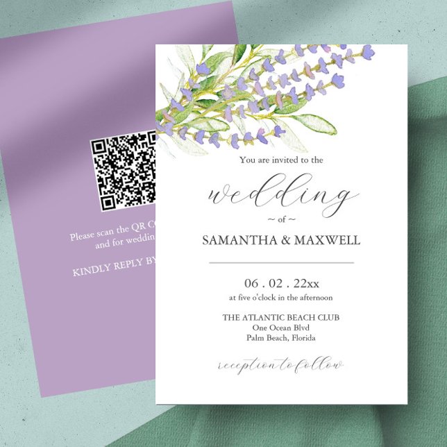 Einladung zur Hochzeit mit QR Code Botanischer Lav (Eco friendly wedding invitation QR code features watercolor lavender art by Victoria Grigaliunas)