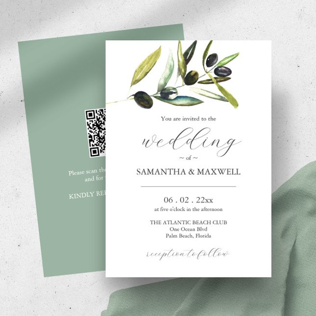 Einladung zur Hochzeit mit QR-Code Botanisches Oli (Wedding invitations watercolor olive branch and QR code art by Victoria Grigaliunas Do Tell A Belle)