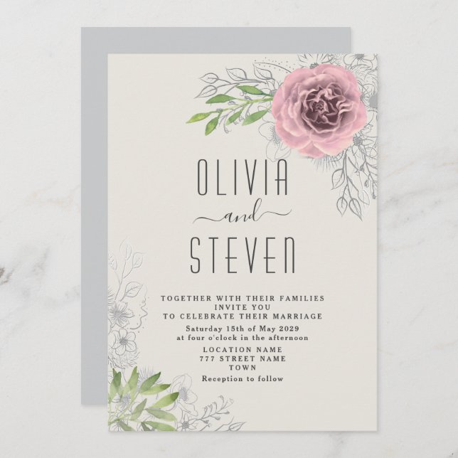 Einladung zur Hochzeit mit Vintagem Blumenrosa (Vorne/Hinten)
