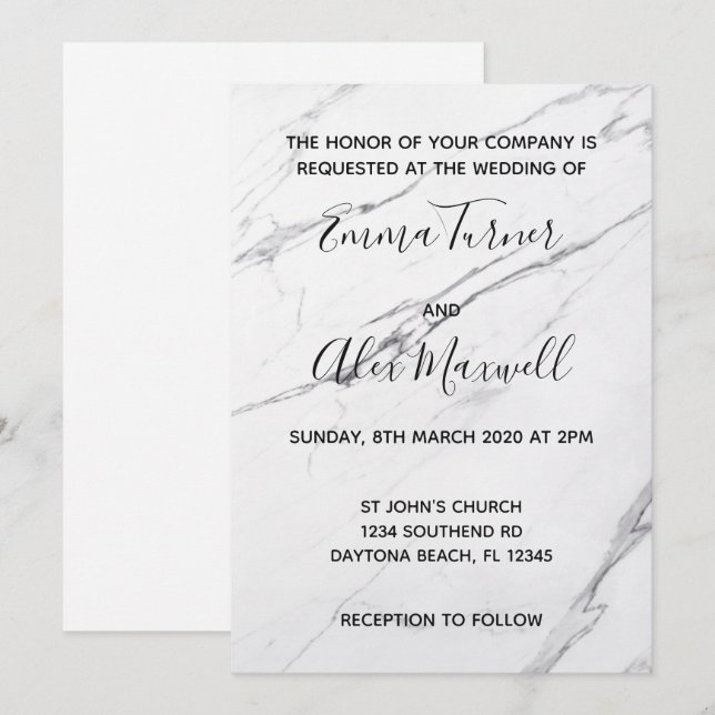 Einladung zur Hochzeit | Modern White Marble Scrip (Vorne/Hinten)