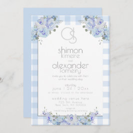 Einladung zur Hochzeit | Monogram Blue Gingham Flo