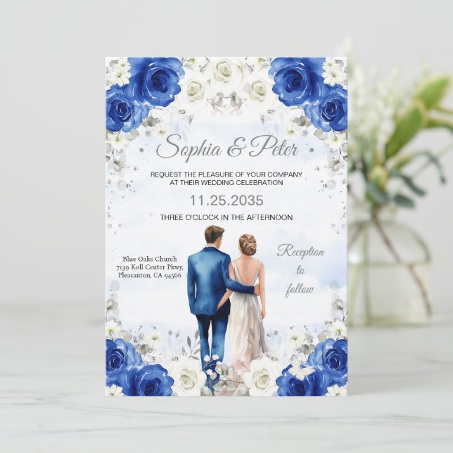 Einladung zur Hochzeit Royal Blue Flowers Rose (Stehend Vorderseite)