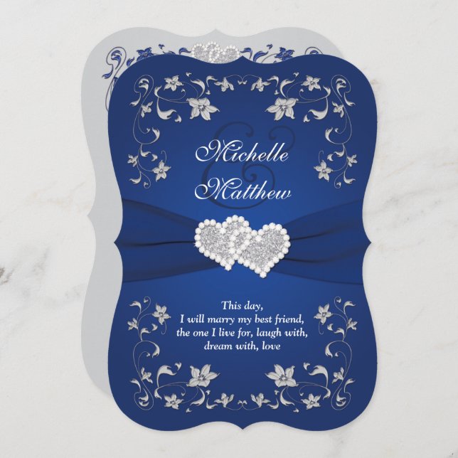 Einladung zur Hochzeit | Royal Blue Silver, Floral (Vorne/Hinten)