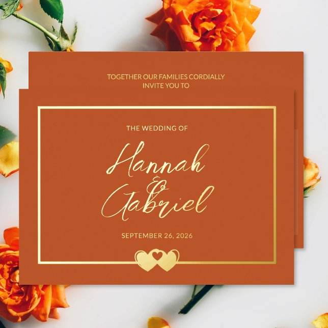 Einladung zur Hochzeit Terracotta und Goldenen Foi (The front and back of the Terracotta Gold Wedding Foil Invitation)