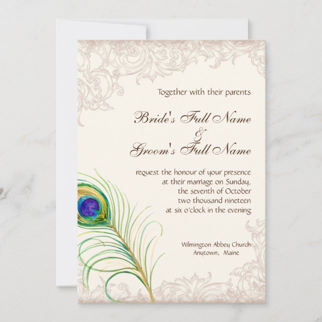 Einladung zur Hochzeit Vintage Pfauenfederhalle ge (Vorderseite)