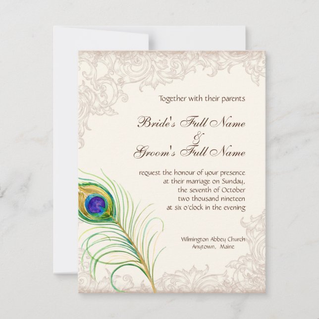 Einladung zur Hochzeit Vintage Pfauenfederhalle ge (Vorderseite)