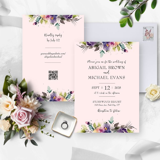 Einladung zur Hochzeit von abstrakten Wasserfarben (Watercolor Pink Floral Wedding Invitation & RSVP)