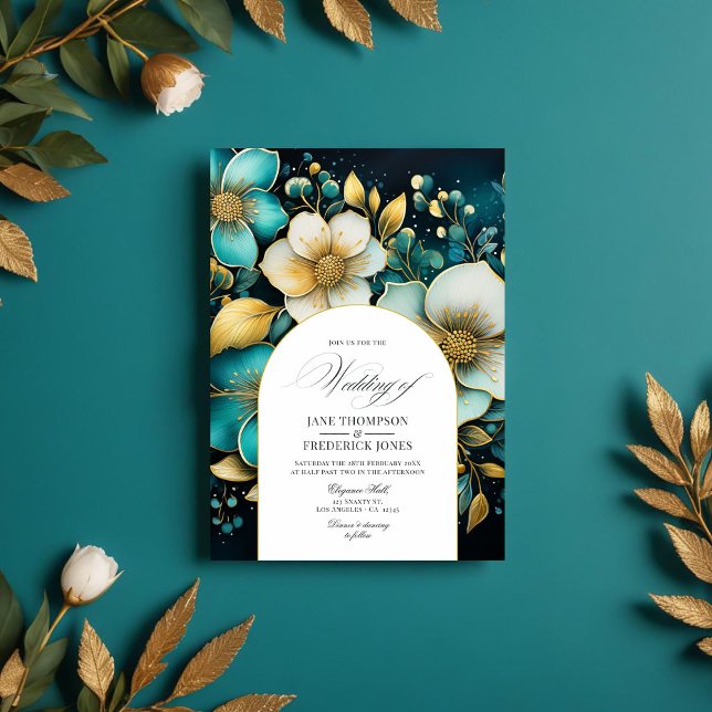 Einladung zur Hochzeit von aquamarinen und Gold-Fl (Teal and Gold Floral Wedding Invitation)