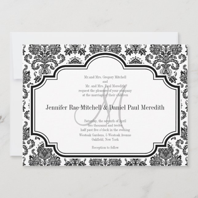 Einladung zur Hochzeit von Black Damask Monogram (Vorderseite)