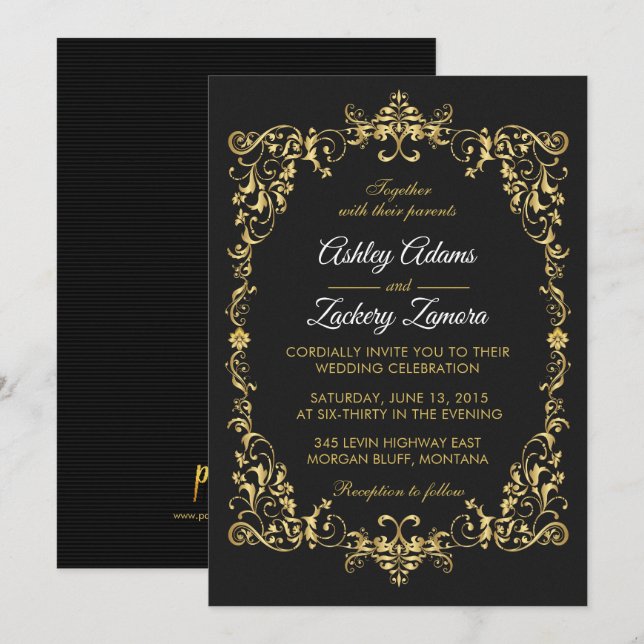 Einladung zur Hochzeit von Black Verziert Gold Scr (Vorne/Hinten)
