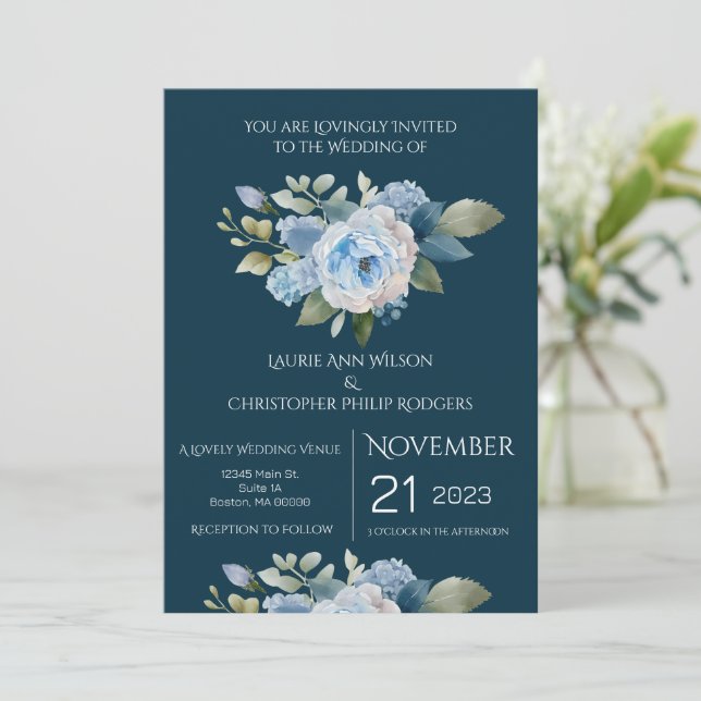 Einladung zur Hochzeit von Blauer Flora (Stehend Vorderseite)