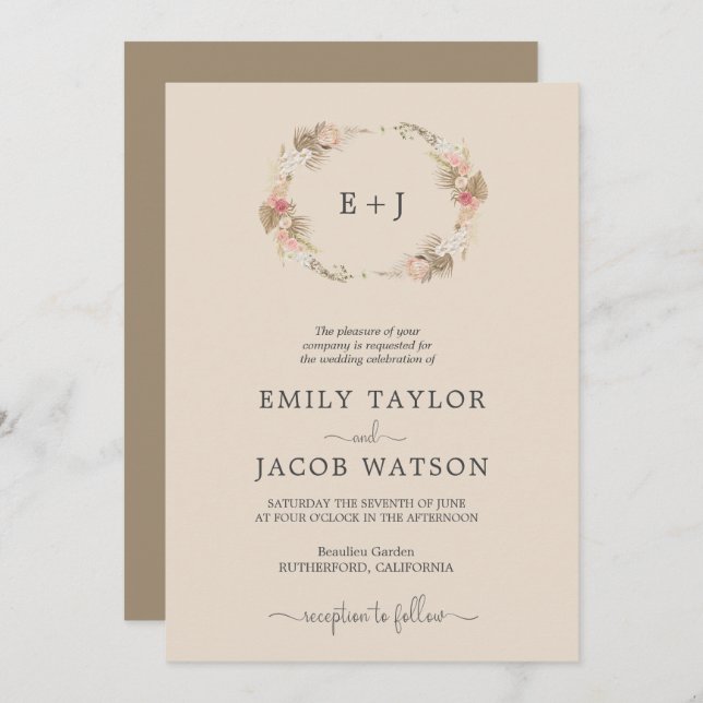 Einladung zur Hochzeit von Boho Monogram Floral (Vorne/Hinten)