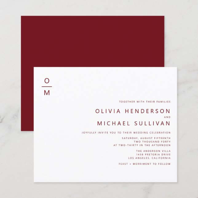 Einladung zur Hochzeit von Burgund Minimalistisch  (Vorne/Hinten)