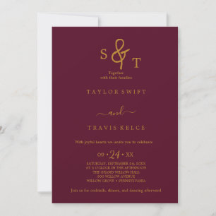Einladung zur Hochzeit von Gold & Burgund Monogram