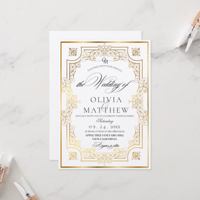 Einladung zur Hochzeit von Gold und White Script (Vorderseite/Rückseite Beispiel)