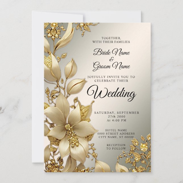 Einladung zur Hochzeit von Golden Floral (Vorderseite)