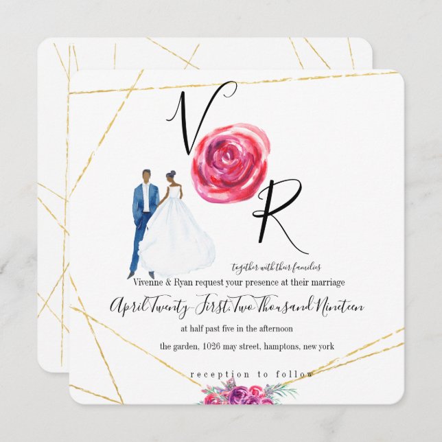 Einladung zur Hochzeit von Lila Blumen in Gold (Vorne/Hinten)