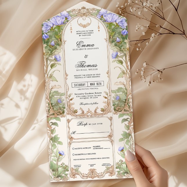 Einladung zur Hochzeit von lila Goldfloralen-Rahme (Von Creator hochgeladen)