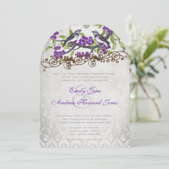 Einladung zur Hochzeit von lila- und Silbervögeln  (Stehend Vorderseite)