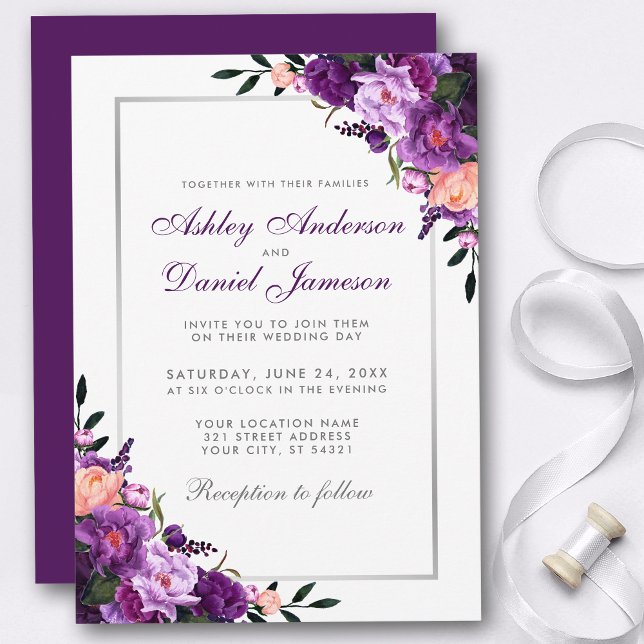 Einladung zur Hochzeit von lila Violett (Customize to change text color, style, add text & photos to back or change color of back of card.)