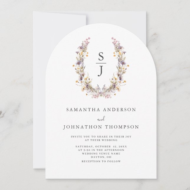 Einladung zur Hochzeit von lila Wildblumen (Vorderseite)