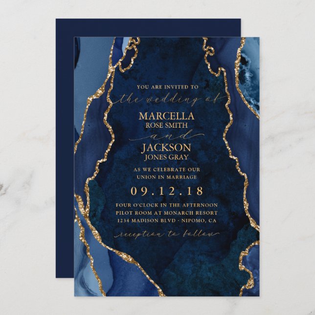 Einladung zur Hochzeit von Marmor und Gold Agate (Vorne/Hinten)