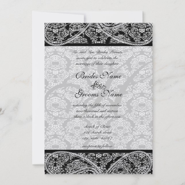 Einladung zur Hochzeit von Monogram Black Damask (Vorderseite)