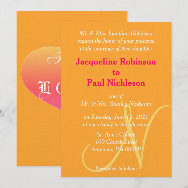 Einladung zur Hochzeit von Monogram Orange Raspber (Vorne/Hinten)