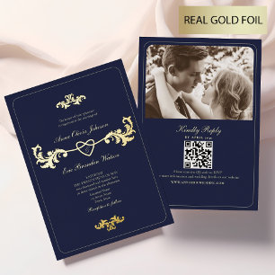 Einladung zur Hochzeit von Navy Blue and Gold Foil
