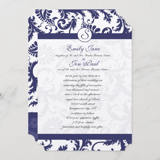 Einladung zur Hochzeit von Navy Blue Damask (Vorne/Hinten)