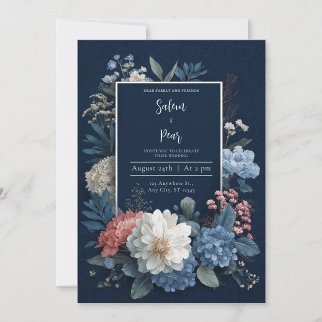 Einladung zur Hochzeit von Navy Blue Rustic Floral (Vorderseite)