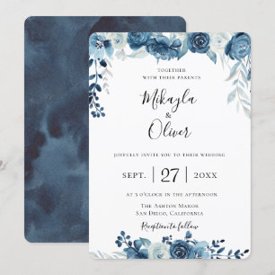 Einladung zur Hochzeit von Navy Blue Watercolor Fl