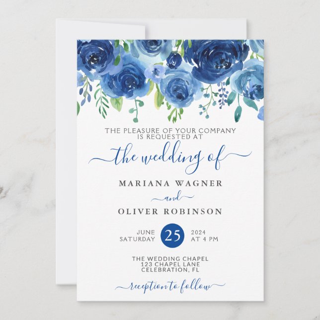 Einladung zur Hochzeit von Navy Blue Watercolor Fl (Vorderseite)