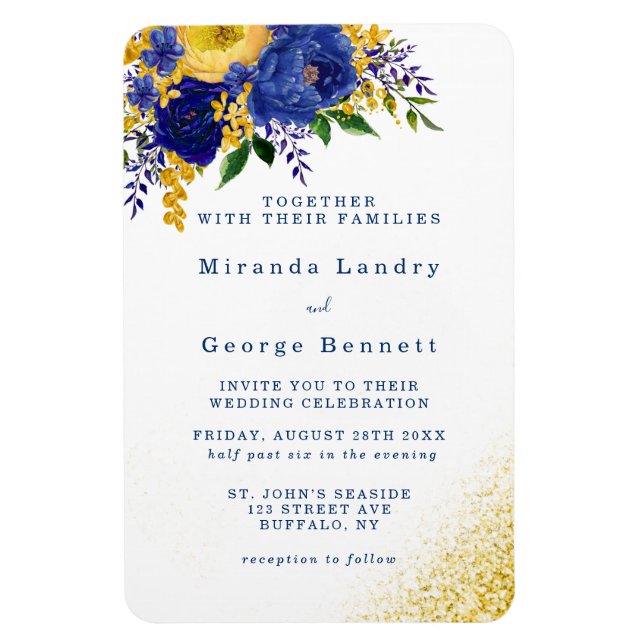 Einladung zur Hochzeit von Navy Blue Yellow Floral Magnet (Vertikal)