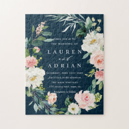 Einladung zur Hochzeit von Navy Blush Bloral Wreat Puzzle