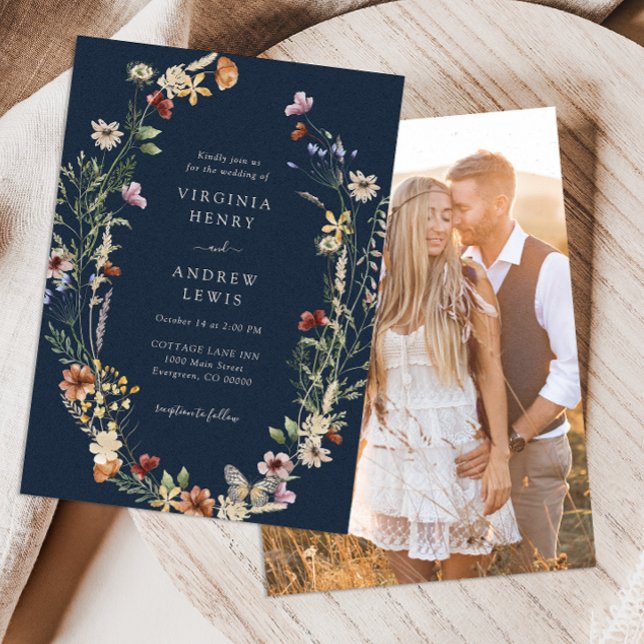 Einladung zur Hochzeit von Navy Boho (Navy Blue Boho Photo Wedding Invitation by Painted Paperie
)