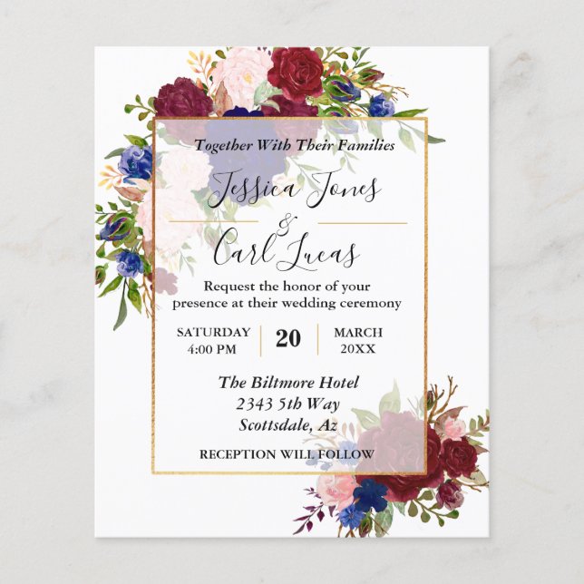 Einladung zur Hochzeit von Navy Burgundy Gold Fram Flyer (Vorne)