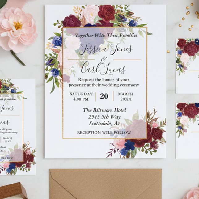 Einladung zur Hochzeit von Navy Burgundy Gold Fram Flyer (Von Creator hochgeladen)