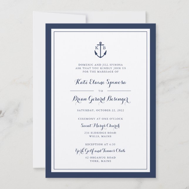 Einladung zur Hochzeit von Navy Monogram Anchor (Vorderseite)