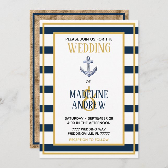 Einladung zur Hochzeit von Navy Nautical Stripes A (Vorne/Hinten)