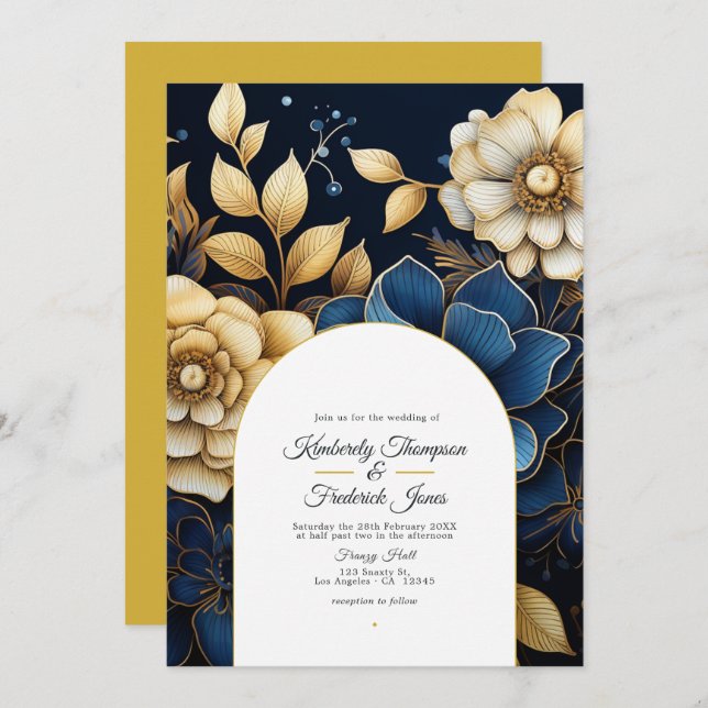 Einladung zur Hochzeit von Navy und Gold Floral
