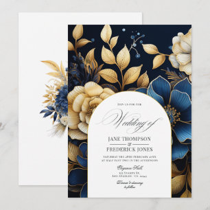 Einladung zur Hochzeit von Navy und Gold Floral