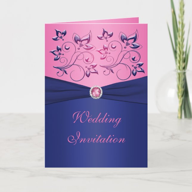 Einladung zur Hochzeit von Navy und Pink Floral Ca (Vorderseite)