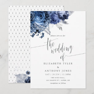Einladung zur Hochzeit von Navy und White mit Silb